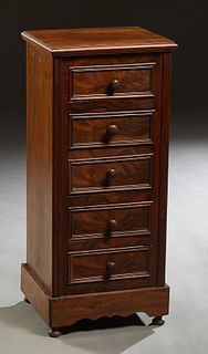 French Louis Philippe Carved Walnut Nightstand, 19th c., the stepped ogee edge top over a frieze drawer and a fall front metal lined pot cupboard door