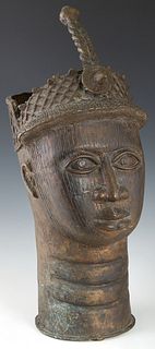 African Benin Bronze Bust of a Chieftain, 20th c., with a headdress, H.- 19 1/2 in., W.- 8 in., D.- 9 in.