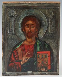 Slavic Icon of the Christ Pantocrator, 20th c., oil on curved wooden panel, H.- 7 3/8 in., W.- 5 3/4 in.