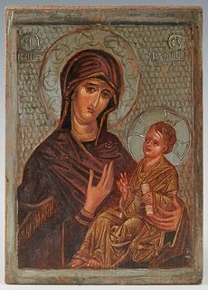 Slavic Icon of Madonna and Child, 20th c., oil on wooden panel, H.- 7 1/2 in., W.- 5 3/8 in.