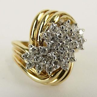 Lady's Vintage Round Cut Diamond and 14 Karat Yellow Gold Cluster Ring.