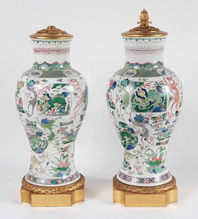 Pair of Chinese Bronze-Mounted Porcelain Vases