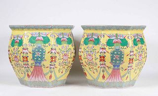 Pair of Chinese Famille Jaune Porcelain Planters