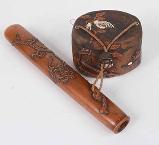 Japanese Carved Wood Wallet and Inro