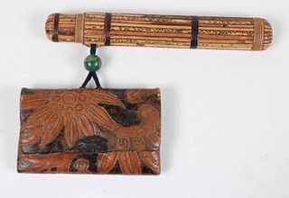 Japanese Tooled Leather Wallet and Reed Inro