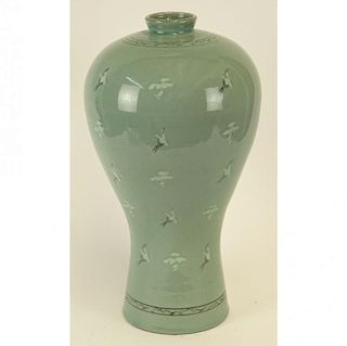 Large 20th C Korean Celadon Baluster Vase.