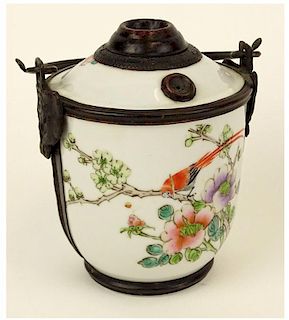 19th C Japanese Copper Mounted and Enamel Decorated White Porcelain Opium Jar.