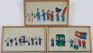 Three Chinese Watercolors on Silk of Processions