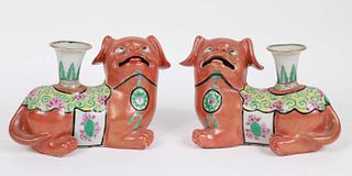Pair of Chinese Porcelain Fu Dog Candlesticks