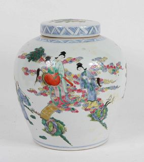 Chinese Figural-Decorated Porcelain Ginger Jar