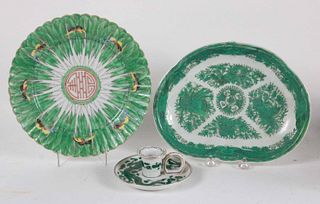 Three Chinese Green-and-White Glazed Table Items