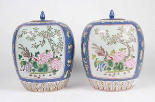 Pair of Chinese Floral and Bird Covered Jars