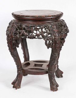 Chinese Stone-Inset Carved Hardwood Stand