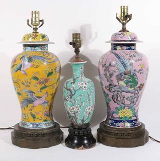 Three Chinese Porcelain Famille Rose Lamps