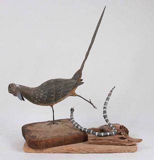 S.C. Clow, Painted Roadrunner and Snake Sculpture