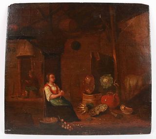 Old Master Oil on Panel, Woman in Barn