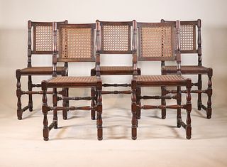 Five Jacobean Style Caned Oak Side Chairs
