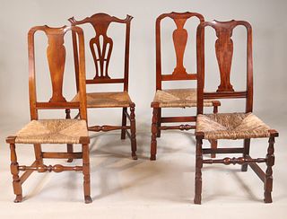 Four Queen Anne Maple Rush Seat Side Chairs