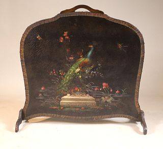 Peacock-Decorated Painted Leather Firescreen