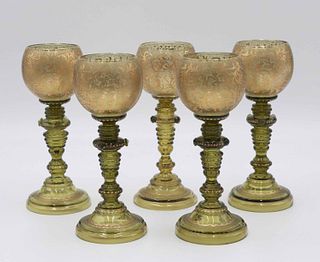 Five Bohemian Gilt-Decorated Green Glasses