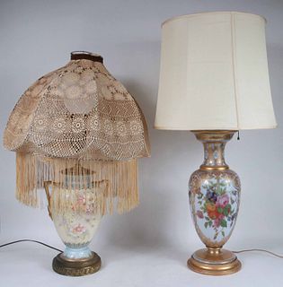 Two Parcel-Gilt and Floral-Decorated Table Lamps