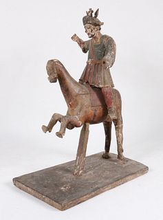 Carved and Painted Santos Figure of Man on Horse