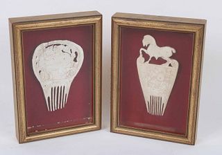 Two Carved Roman Hair Combs in Shadowboxes
