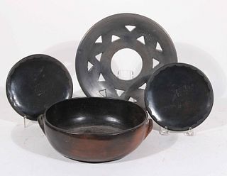 Four Santa Clara Blackware Pottery Plates & Bowls