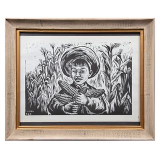 Lote de 2 litografías. FANNY RABEL (Polonia, 1922 - Ciudad de México, 2008). Niño con mazorcas y niño con boleto. Firmadas a lápiz.