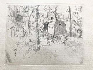 Beautiful Gypsy Camp & Wagon, etching, Rudolf Grossmann, Listed German