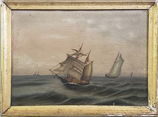 19th Century Naive Maritime Oil on Canvas Painting