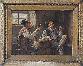 Hugo Kaufmann Oil on Board "Two Men Conversing Over Drink and Smoke"