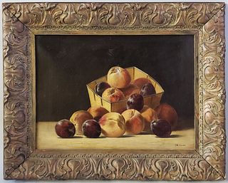 T.M. Serre 19th Century Oil on Canvas, "Basket of Peaches"