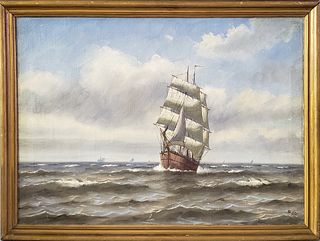 Vintage Oil on Canvas, "Clipper Ship on the Open Seas"