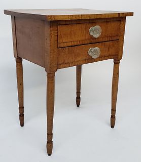 New England Sheraton Tiger Maple Two Drawer Night Stand, 19th Century