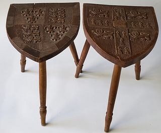 Pair of Antique English Carved Walnut Coat-of-Arms Stools
