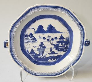19th Century Chinese Canton Blue and White Hot Water Dish