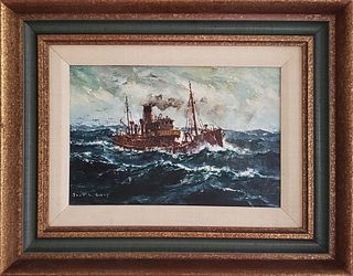 Jack L. Gray Oil on Canvas Board, "Steam Trawler At Sea"
