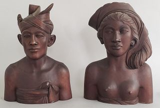 Pair of Antique Balinese Carved Mahogany Busts