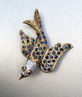 Blue Sapphire and Ruby Set in 14k Gold Swallow Pin