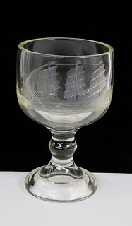 Ship Etched Glass Chalice and Antique Ship in a Bottle