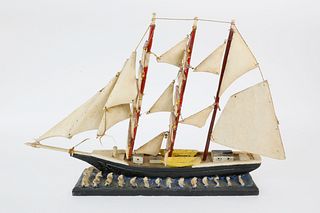 Folk Art Carved Wood 3-Mast Sailing Ship Model