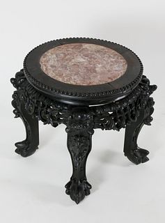 Asian Carved Teakwood Marble Top Taboret, 19th century