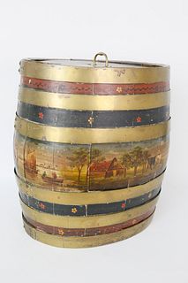 English Decorated Oak Brass Strapped Barrel, circa 1870