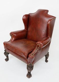 Faux Alligator Upholstered Chippendale Style Wing Chair, 20th Century