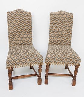 Pair of William and Mary Style Upholstered Elm Highback Hall Chairs
