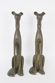 Pair of Signed M.E.K. Patina Bronze Seated Whippet Andirons, circa 1920