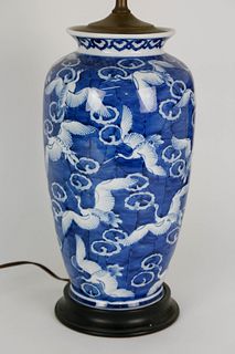 Chinese Blue and White Flying Crane Porcelain Lamp, 20th Century