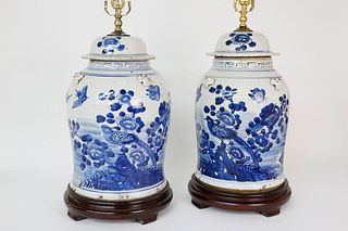 Pair of Chinese Porcelain Covered Temple Jar Lamps