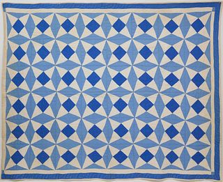 Shades of Blue On White Pinwheel Patchwork Quilt, circa 1930s